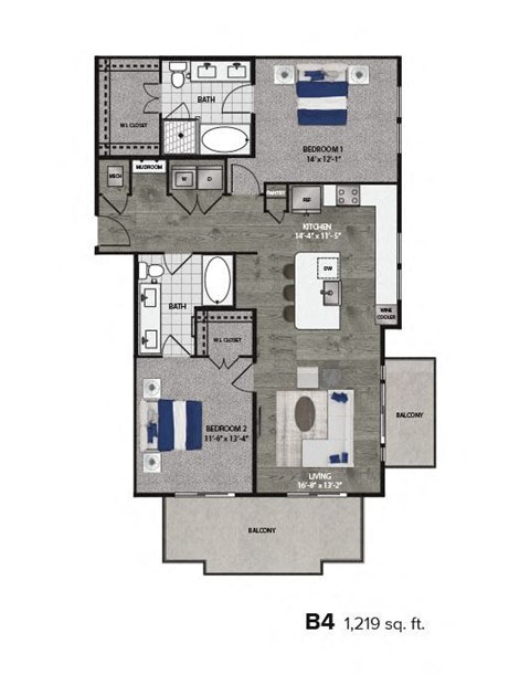 Floor plan for 2 beds, 2 baths, 1219 sqft